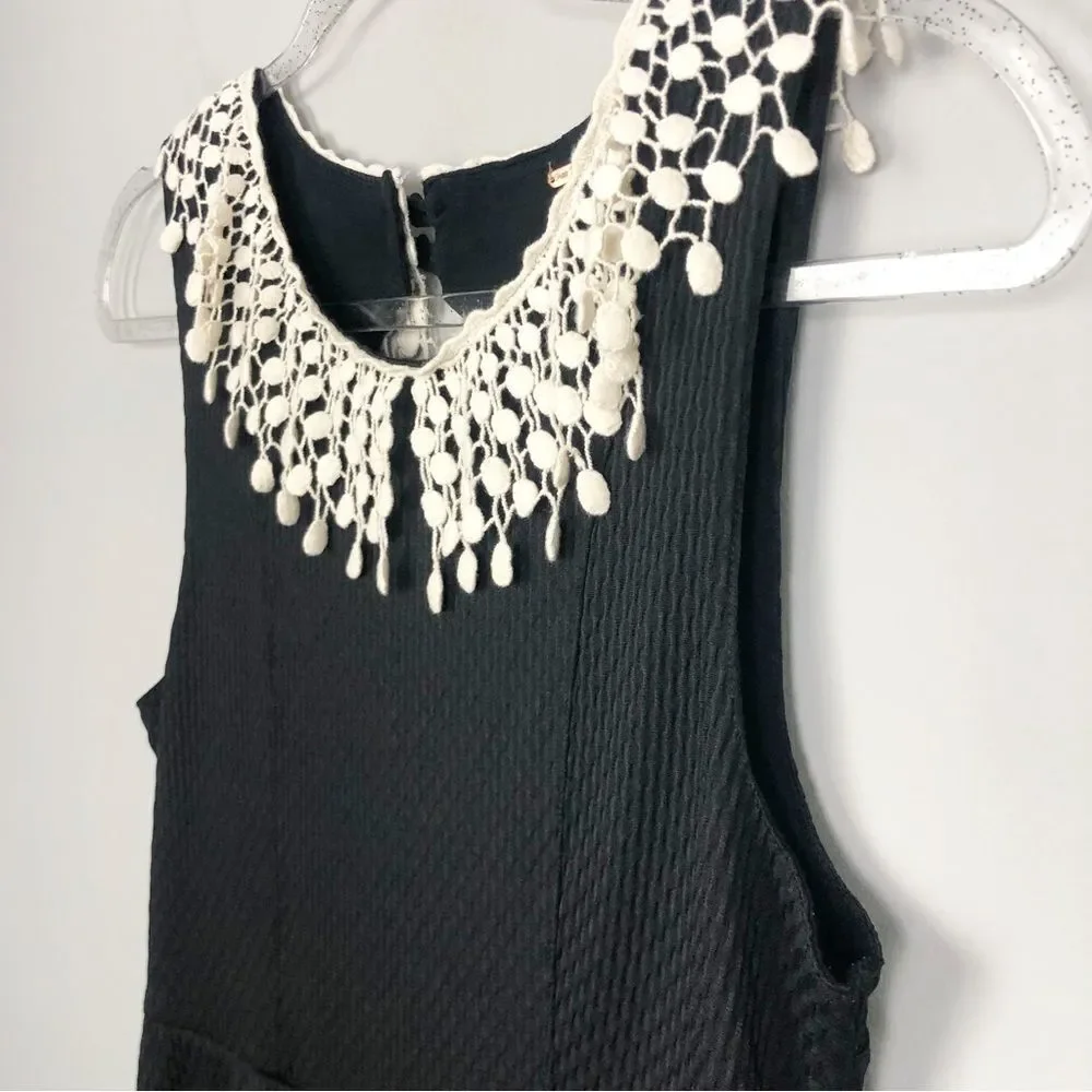 FREE PEOPLE | Ivory Crochet Collar Waffle Texture Black Dress Women’s Size S/M